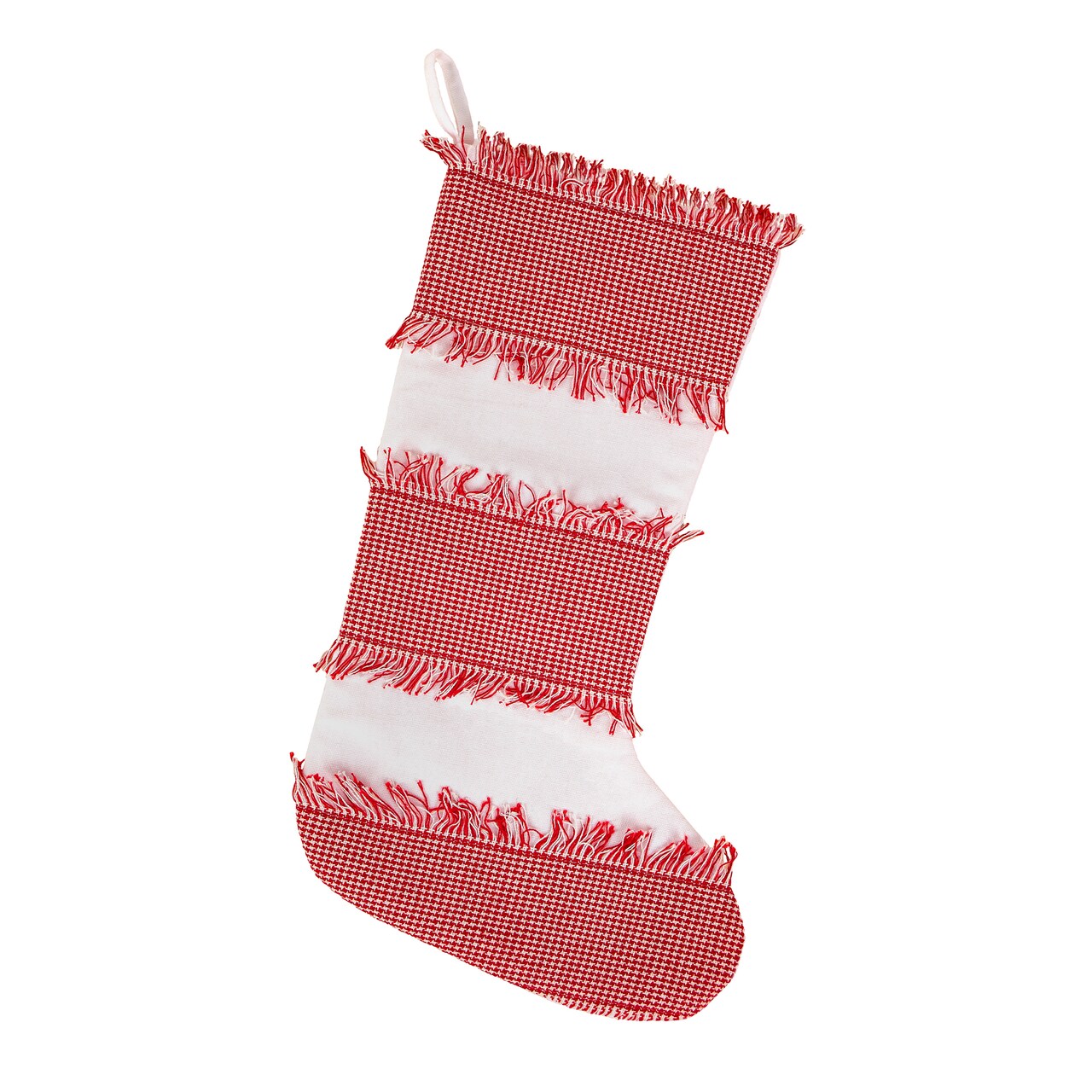 HGTV Home Collection Red Plaid Fringe Stripe Cotton Christmas Stocking , 18 in